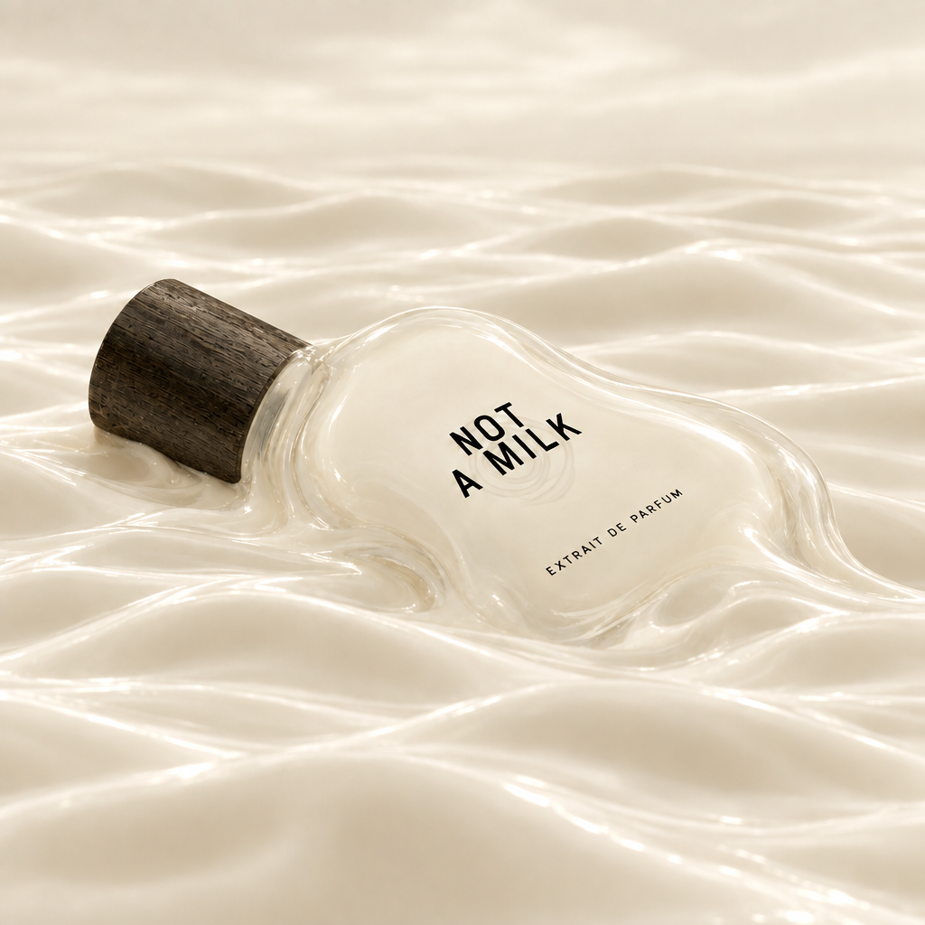 NOT A MILK coricato nel mare di latte, con il flacone che si scioglie e il tappo intatto
