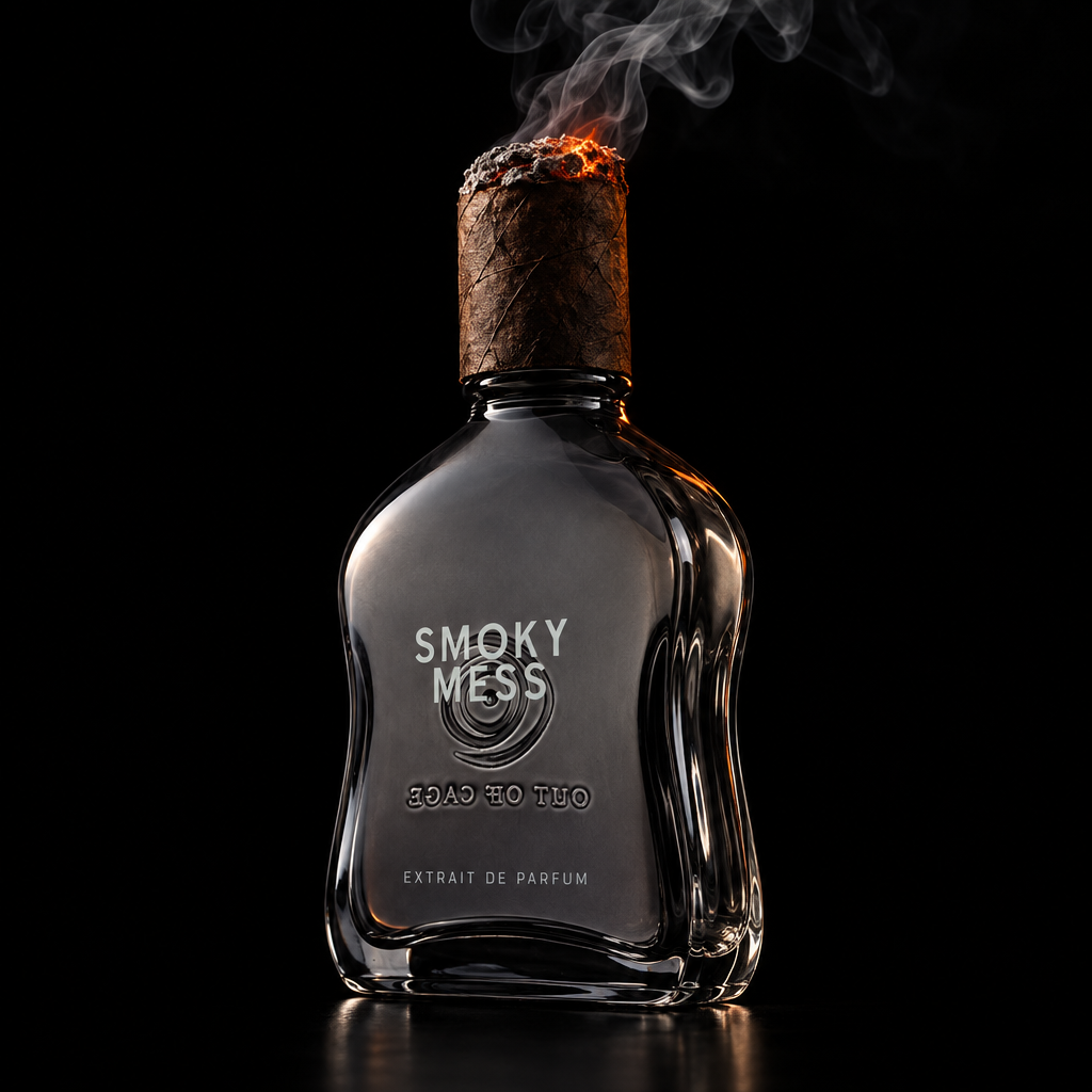 SMOKY MESS su sfondo nero, visto dall’angolo destro, con tappo-sigaro acceso e fumo