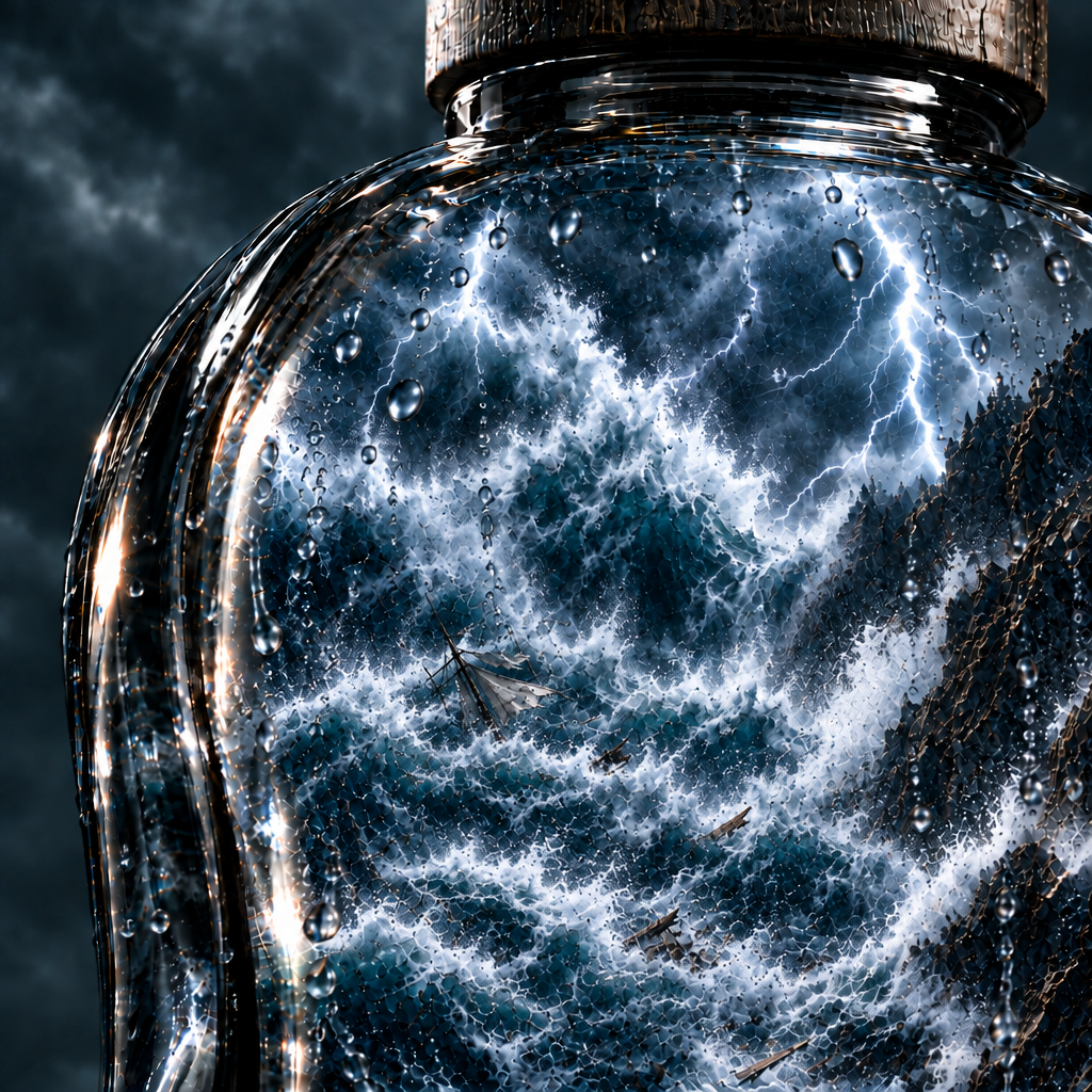 Tempesta dentro il flacone, con la barca quasi sommersa e appena visibile tra onde e schiuma