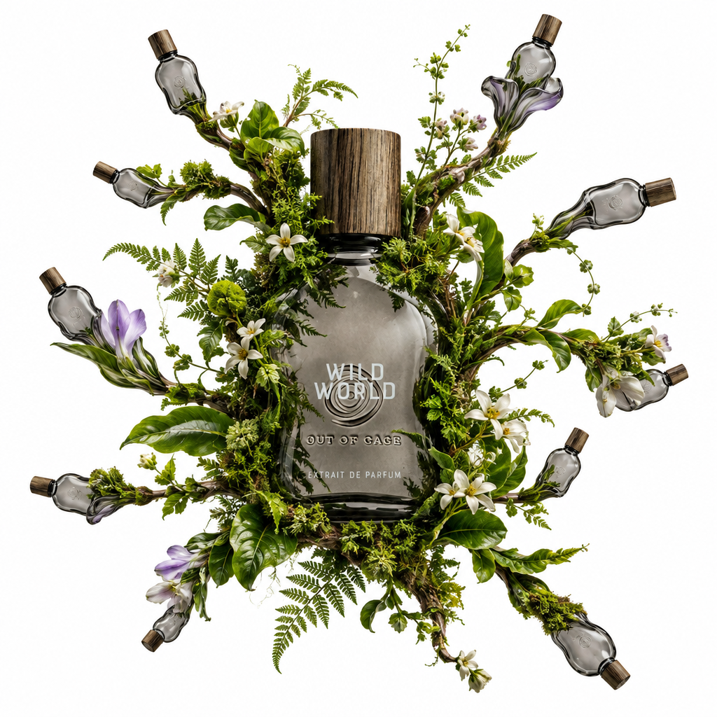 WILD WORLD: esplosione di piante e fiori dalla sagoma del profumo, con estremità che si trasformano in boccette su sfondo bianco